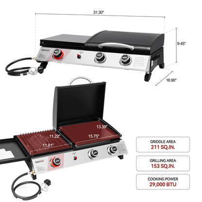 Royal Gourmet PD1305H 3-Burner Propane Gas Grill and Griddle Combo with Lid, 3-in-1 Grill Griddle Combo with 29,000 BTUs Output for Outdoor Cooking, 364 Sq. In. Cooking Area, Silver & Black