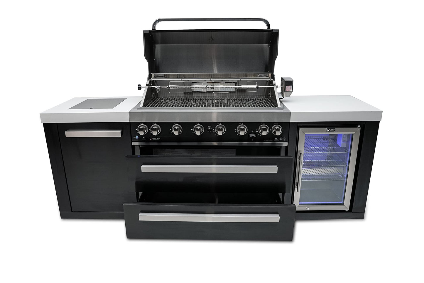 Mont Alpi 44-inch 6 Burner MAi805-BSSFC Black Stainless Steel Modular Outdoor Kitchen Island BBQ Gas Grill with Fridge Cabinet + Side Burner + Granite Countertops + Rotisserie Kit and Grill Cover