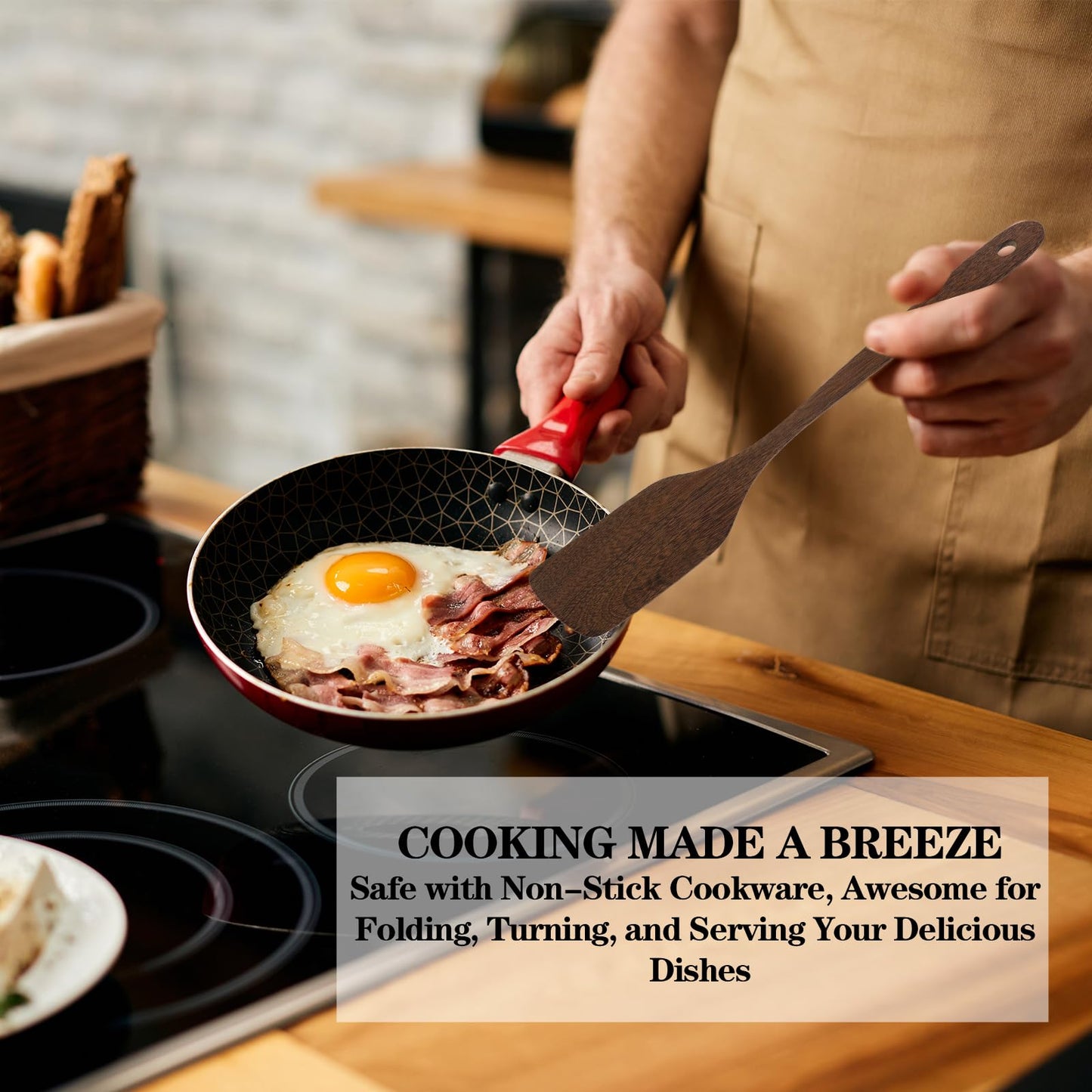 2Pcs Wooden Spatula for Cooking, 12'' Long Handle Nonstick Turner Acacia Natural Teak Wood Flat Spatulas Handmade Non Toxic Cooking Spurtle Utensils for Kitchen Gifts, Cooking Eggs, Fish, Pancakes