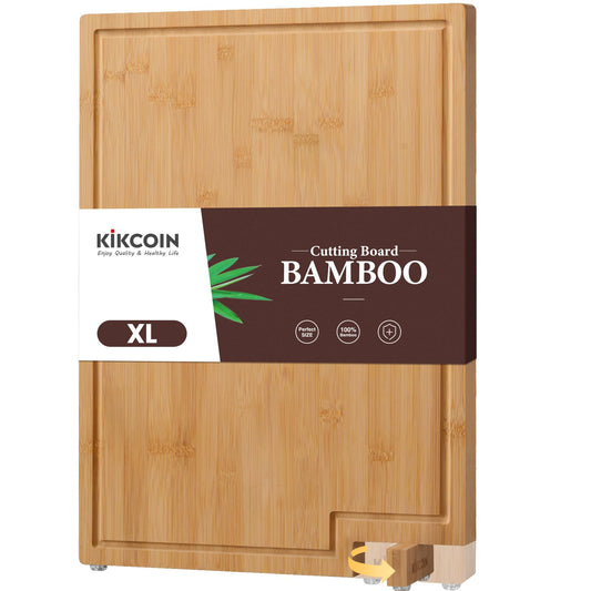 Kikcoin Bamboo Cutting Boards for Kitchen, Extra Large Wood Cutting Board with Rotating Kickstand & Juice Groove, Wooden Chopping Board for Meats Veges Fruits, Heavy Duty Serving Tray, 17 x 11.3 inch