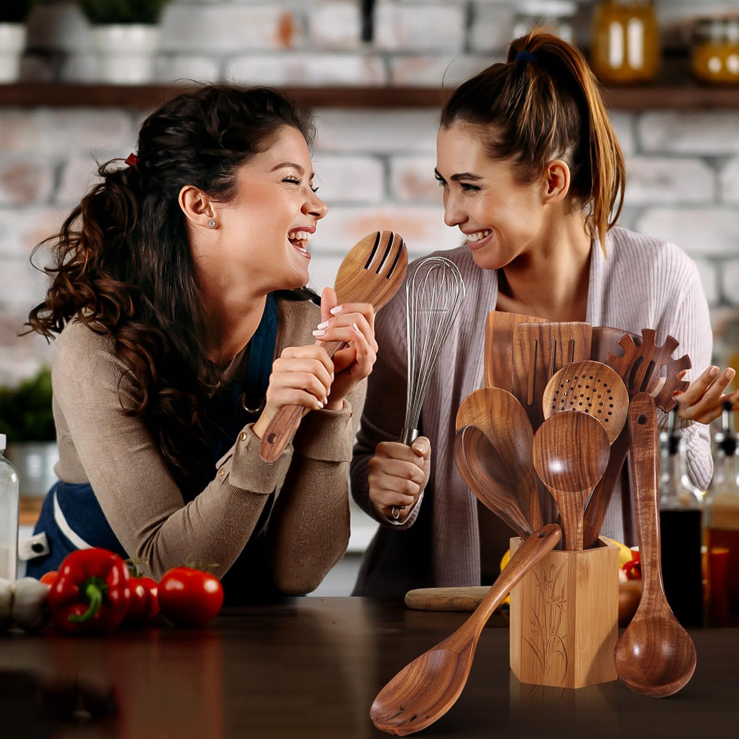 AIUHI Teak Wooden Utensil Set of 10, Wooden Utensils for Cooking, Non Stick Kitchen Spatula Set for Cooking, Serving