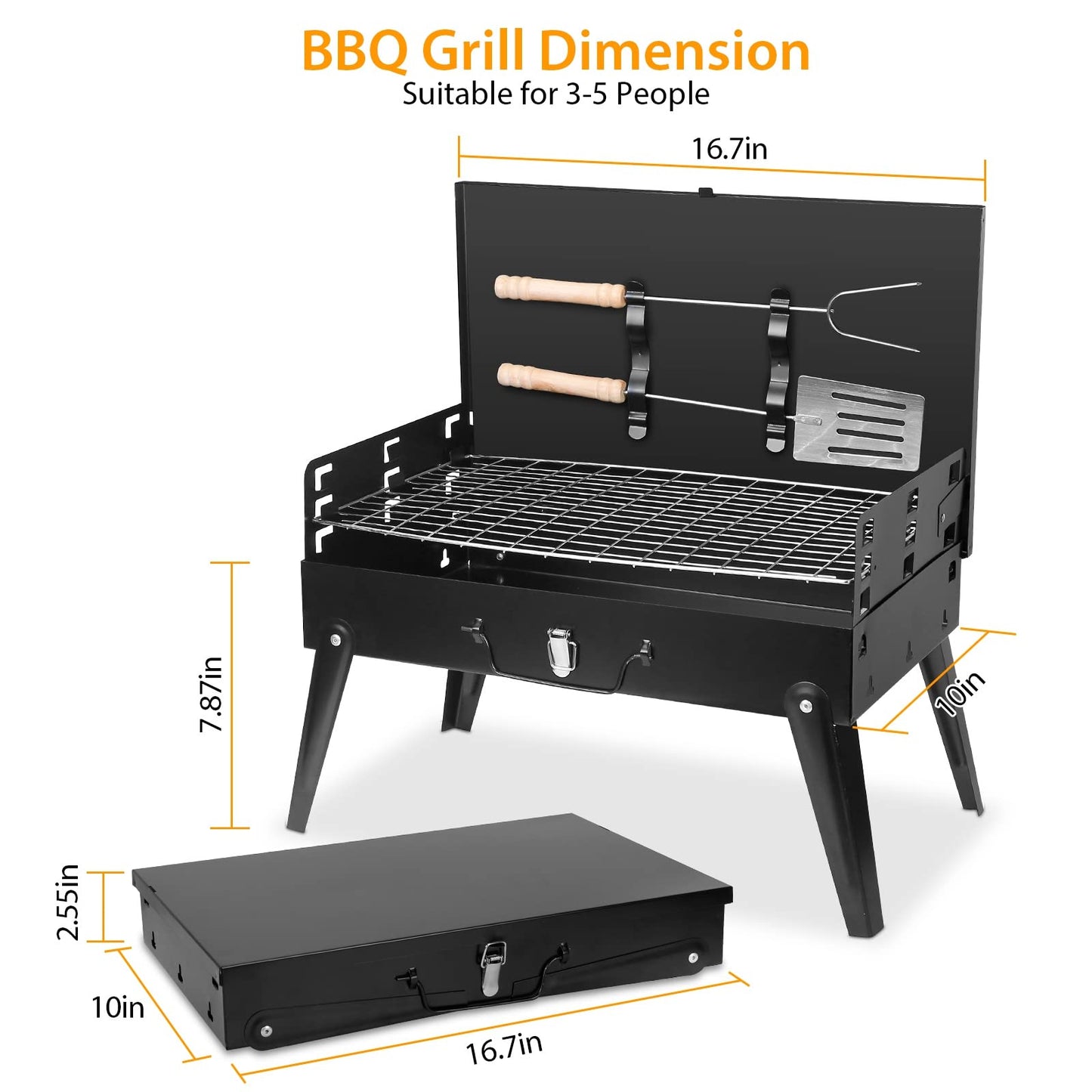 TeqHome Portable Charcoal Grill, Small BBQ Grill Outdoor Folding Barbecue Grill with Barbecue Accessories & Lid, Foldable Camping Grill for Outdoor Cooking Camp Picnic Hiking Beach Patio Smokers