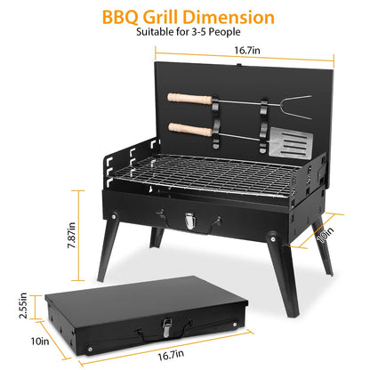 TeqHome Portable Charcoal Grill, Small BBQ Grill Outdoor Folding Barbecue Grill with Barbecue Accessories & Lid, Foldable Camping Grill for Outdoor Cooking Camp Picnic Hiking Beach Patio Smokers