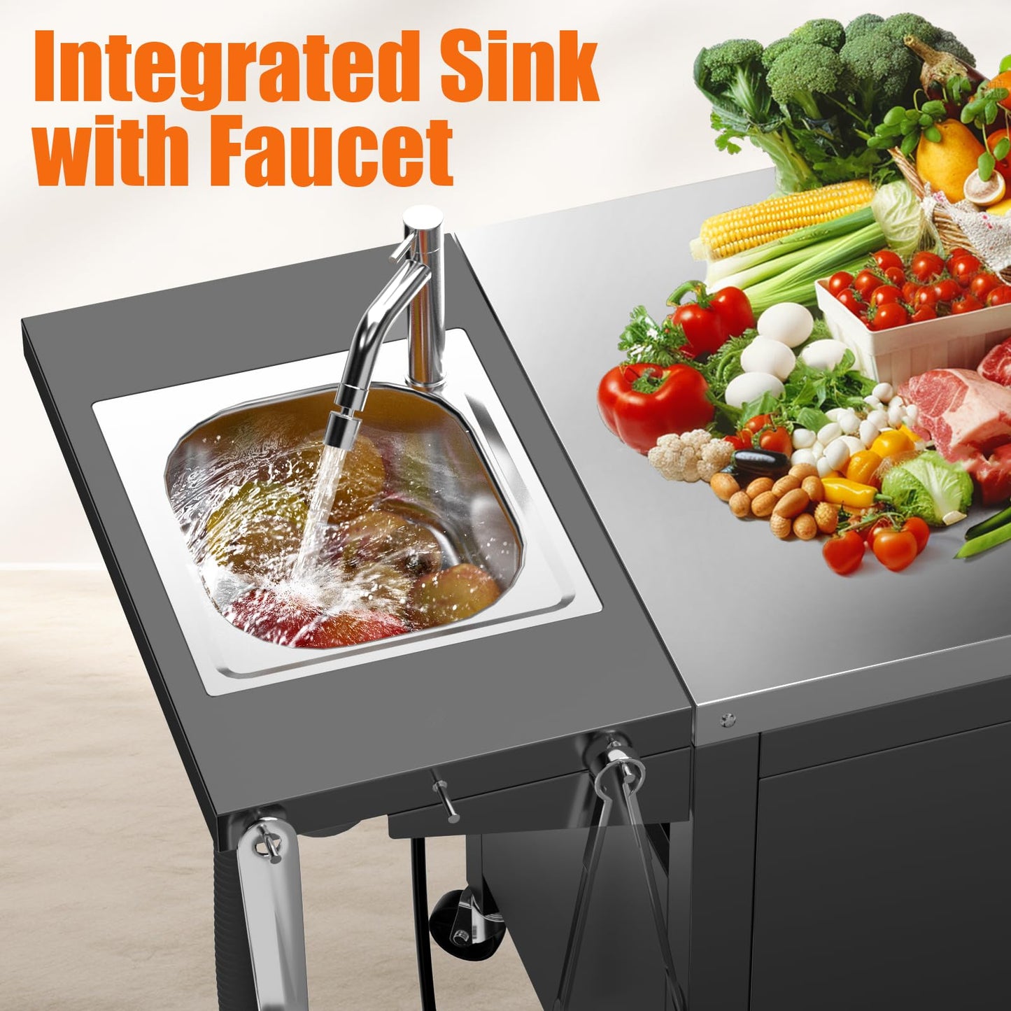 Grill Table with Sink, Outdoor Bar Cart Grill Station, Modular Outdoor Kitchen Island with 100-Gallon Storage Cabinet, 304 Stainless Steel Top, Pizza Oven Table for Lawn & Garden, L60” x W25”