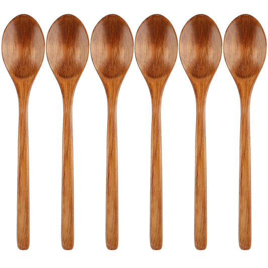6 Pcs Wooden Spoons, 9 Inch Wood Soup Spoons for Cooking Mixing Eating,Oval Long Handle Spoon for Tea Jam Coffee Sugar Ice Cream and Bath Salts
