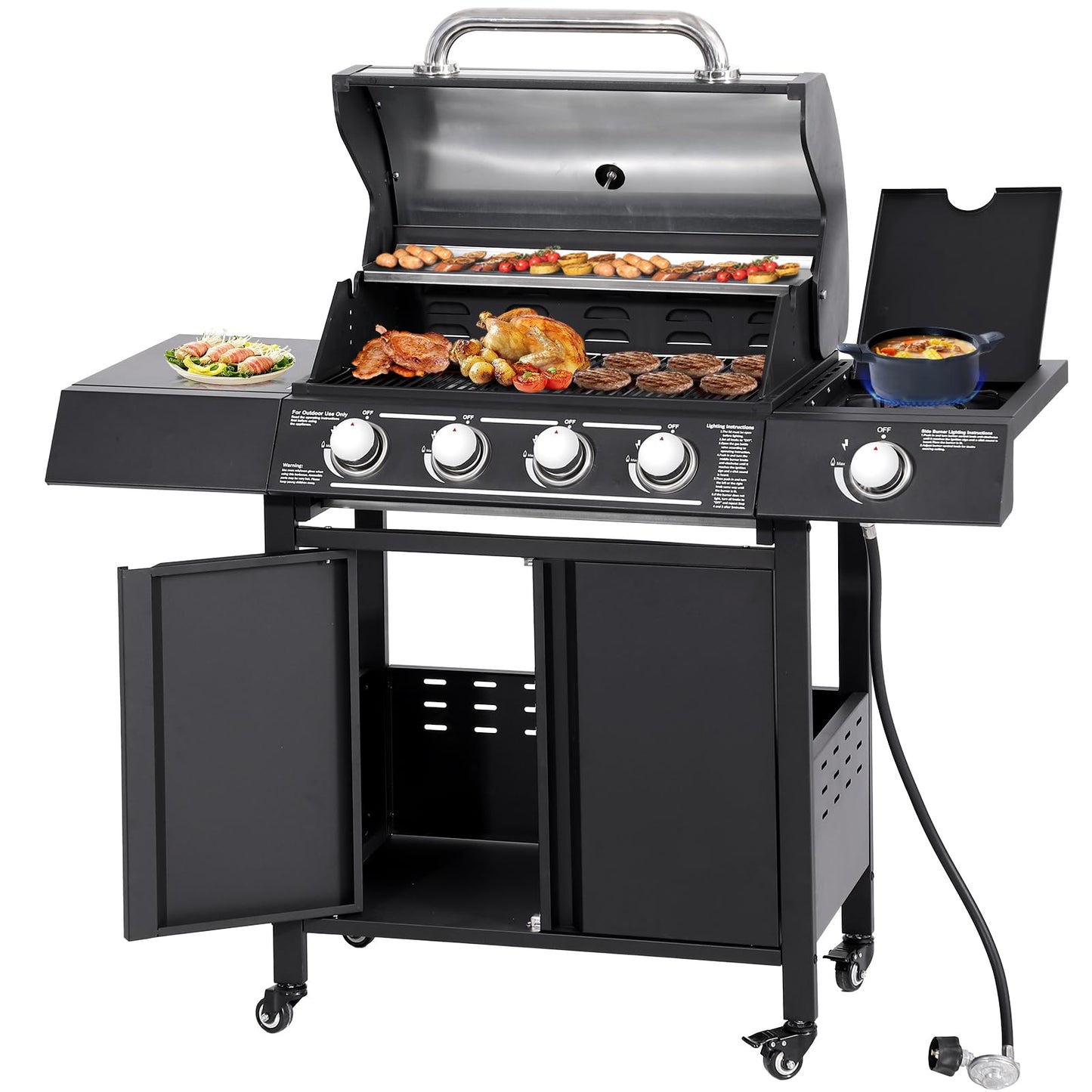 GIODIR 4-Burners Propane Gas Grill with Side Burner, 50,000 BTU Outdoor BBQ Grill, Cast Iron Cooking Grate with Wheels for Outdoor Patio Garden