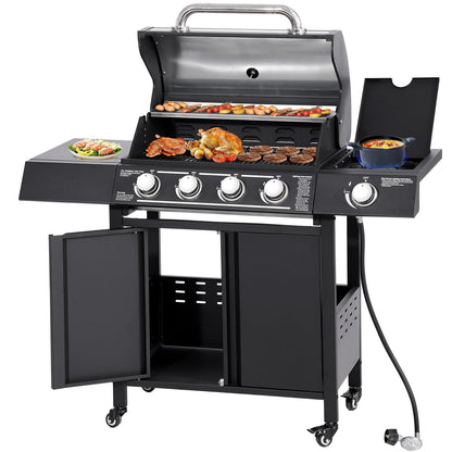 GIODIR 4-Burners Propane Gas Grill with Side Burner, 50,000 BTU Outdoor BBQ Grill, Cast Iron Cooking Grate with Wheels for Outdoor Patio Garden