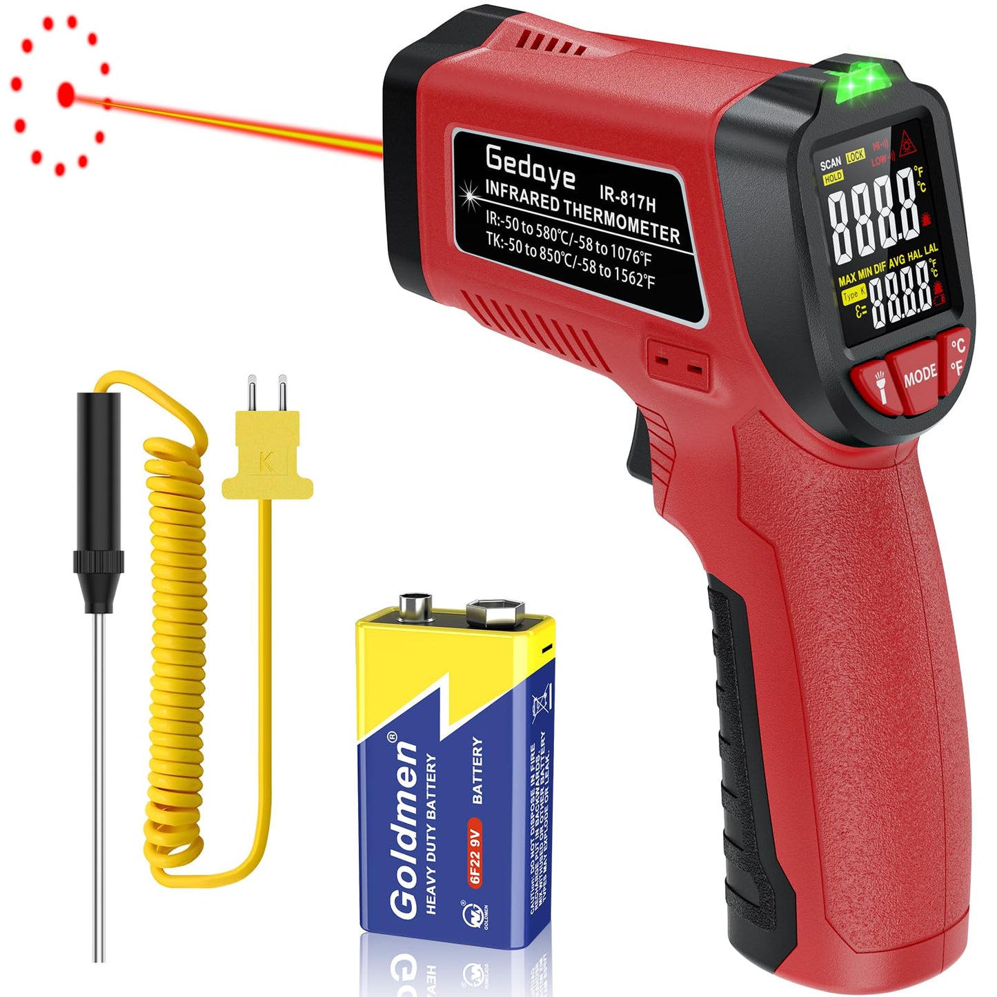 Infrared Thermometer Gun, Gedaye Laser Temperature with IR Pointer 13:1, Meat Temp Gun with Metal Probe, Adjustable Emissivity, -58℉ to 1076℉, Heat Thermometer for Cooking Pizza Oven Grill Fridge BBQ