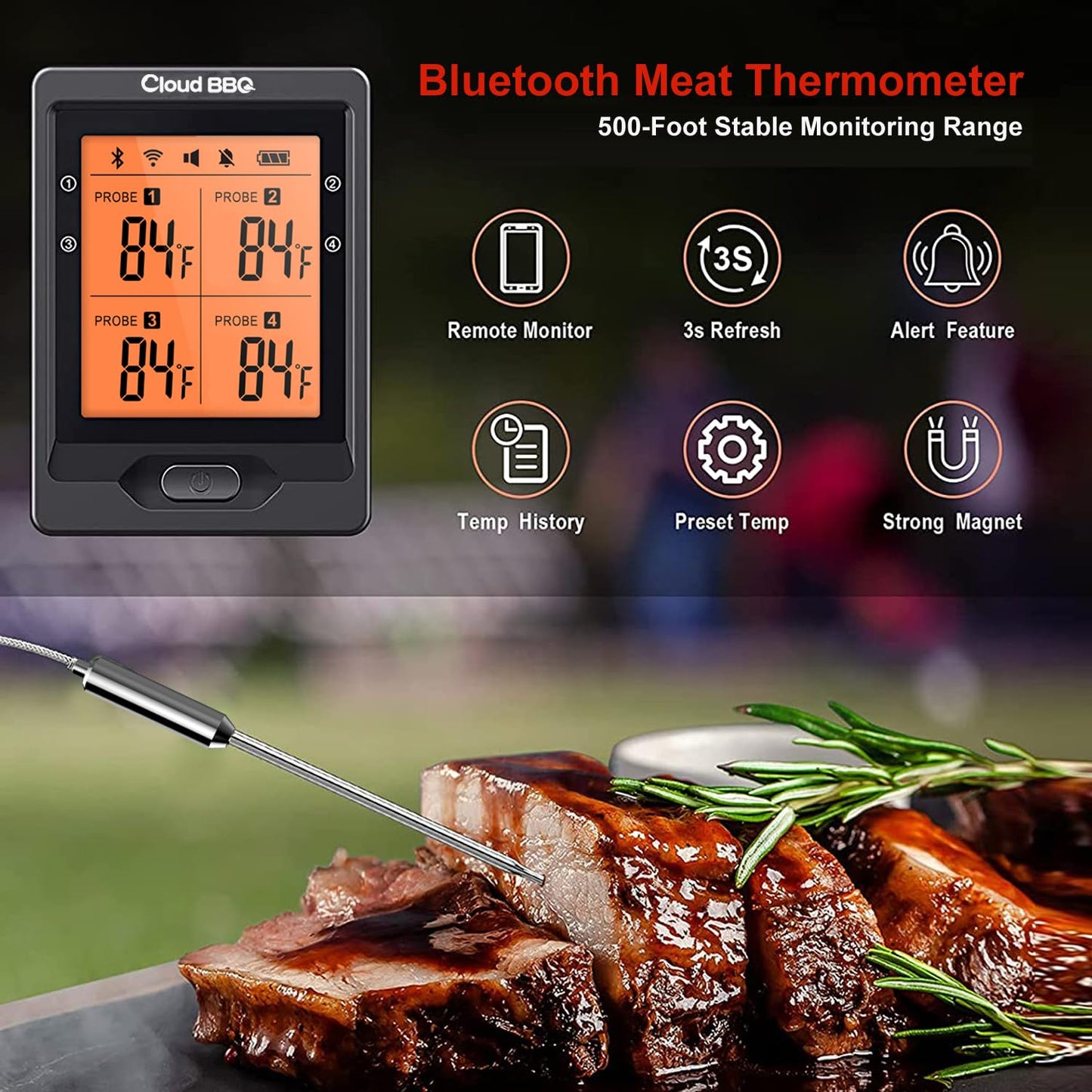 500FT Digital Meat Thermometer with Multy Probes Bluetooth Kitchen Thermometer for Smoker Grilling Oven (FS66N)