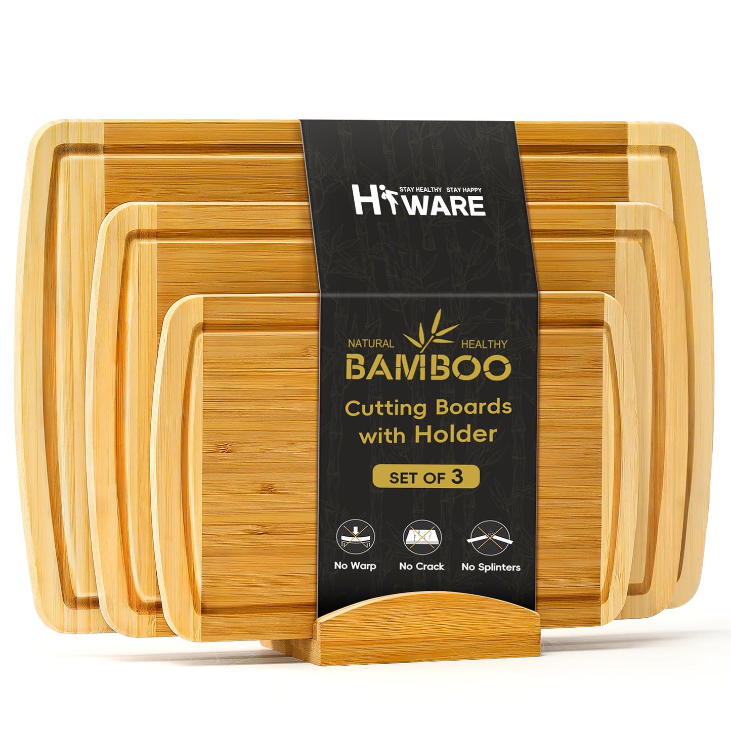 Hiware Extra Large Bamboo Cutting Board with Holder, Durable Wood Cutting Board for Kitchen with Juice Grooves & Built-in Handles, Heavy Duty Chopping Board for Meat, Vegetables - Two Tone, Set of 3
