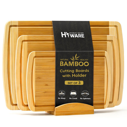 Hiware Extra Large Bamboo Cutting Board with Holder, Durable Wood Cutting Board for Kitchen with Juice Grooves & Built-in Handles, Heavy Duty Chopping Board for Meat, Vegetables - Two Tone, Set of 3