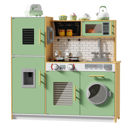 Babytronic Wooden Kitchen Playset for Kids, Interactive Play Kitchen with Lights & Sounds, Children Pretend Toy Kitchen Set with Faucet, Oven, Microwave, Kitchenware for Toddlers Ages 3+ (Green&Wood)