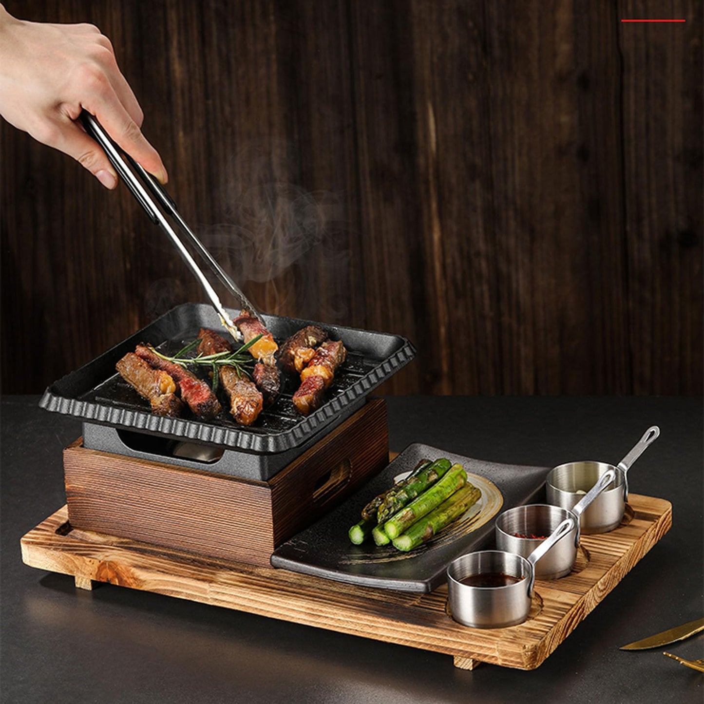 UGCER Japanese BBQ Grill Set, Portable Charcoal Stove with Wooden Base for Yakiniku, Robata, Yakitori, Takoyaki, Camping,C