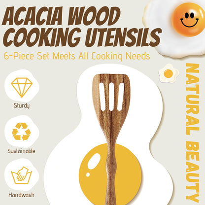 KARRYOUNG Acacia Wood Spoons for Cooking - 6 Piece Non Stick Wooden Spoon Set - with Slotted Spoon, Salad Fork, Spatula, Pasta Server-Natural Wood Kitchen Utensil Sets