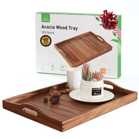 Large Acacia Wooden Serving Tray with Handles 20x14inch Coffee Table Ottoman Tray for Living Room, Extra Large Wood Serving Tray for Dinner Eating Food Breakfast Decor, TV Bed Tray(Gift Wrap, Natural)