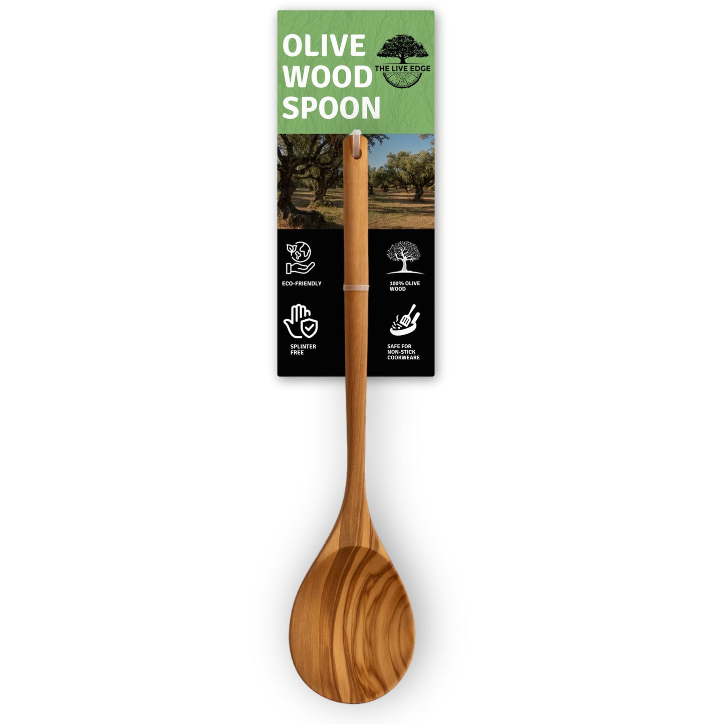 The Live Edge - Handmade Olive Wood Spoon 12" Long handle | Large Wooden Spoon for Cooking, Kitchen Utensil | Single Nonstick Wood Serving Spoons for Soup Stirring | Wooden Mixing Spoons for Baking