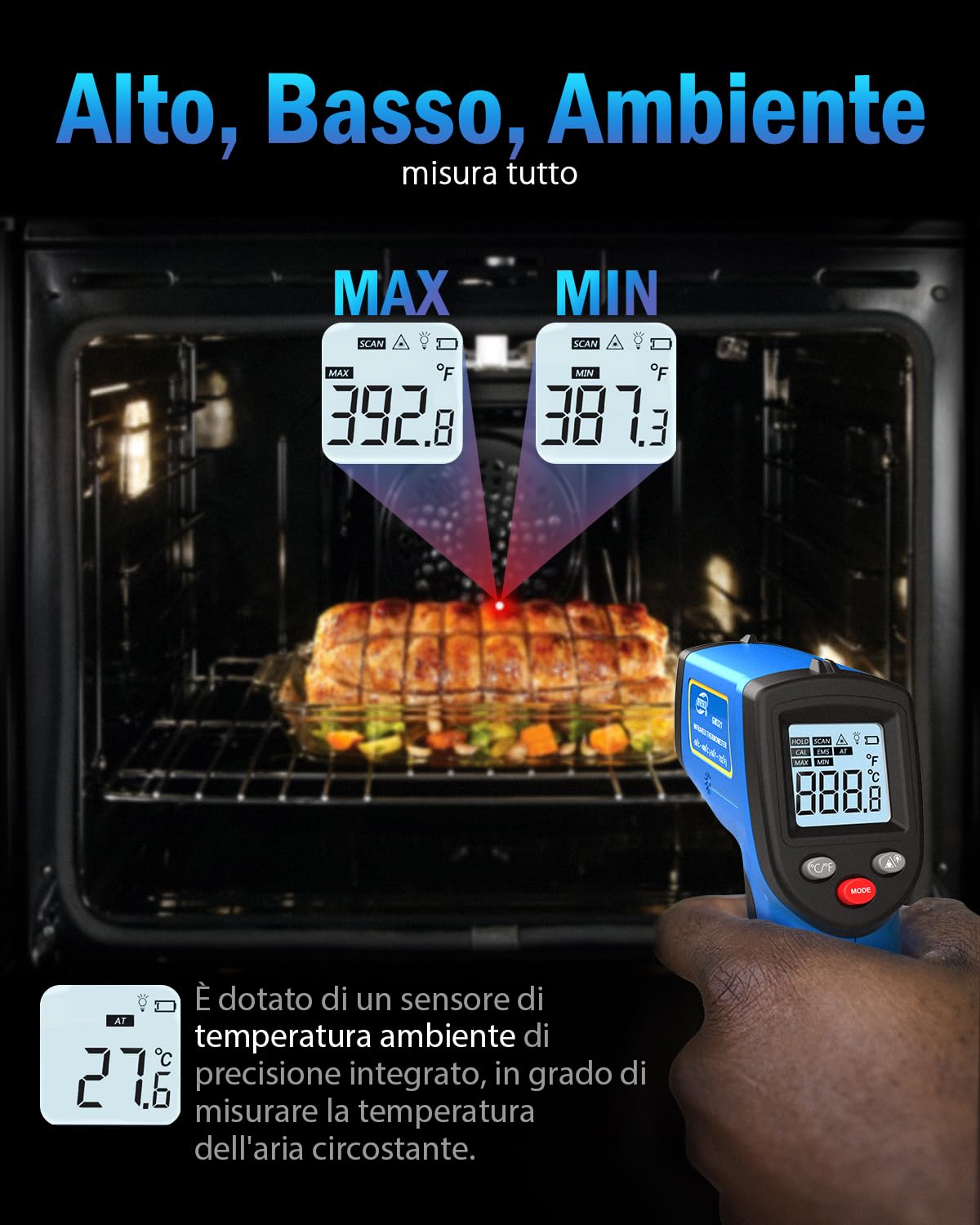 Benetech Infrared Thermometer Laser Temperature Gun, Digital Surface Heat Temp Gun Non-Contact for Cooking Food, Pizza Oven, Griddle Meat, Refrigerator, HVAC, Grill, Engine -58℉~986℉ (GM531)