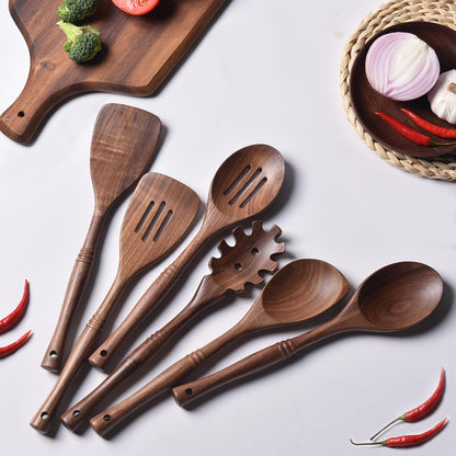 Gudamaye 12 inch Black Walnut Wooden Utensils - 6 Pcs Crafting Spoon Set for Cooking