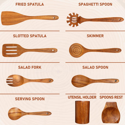 Wooden Spoons for Cooking 9 Pieces - Kitchen Wooden Cooking Utensils Set - Smooth Teak Utensils with Comfort Grip, Wood Spatula and Spoons Perfect for Cooking, Non-Stick Cookware
