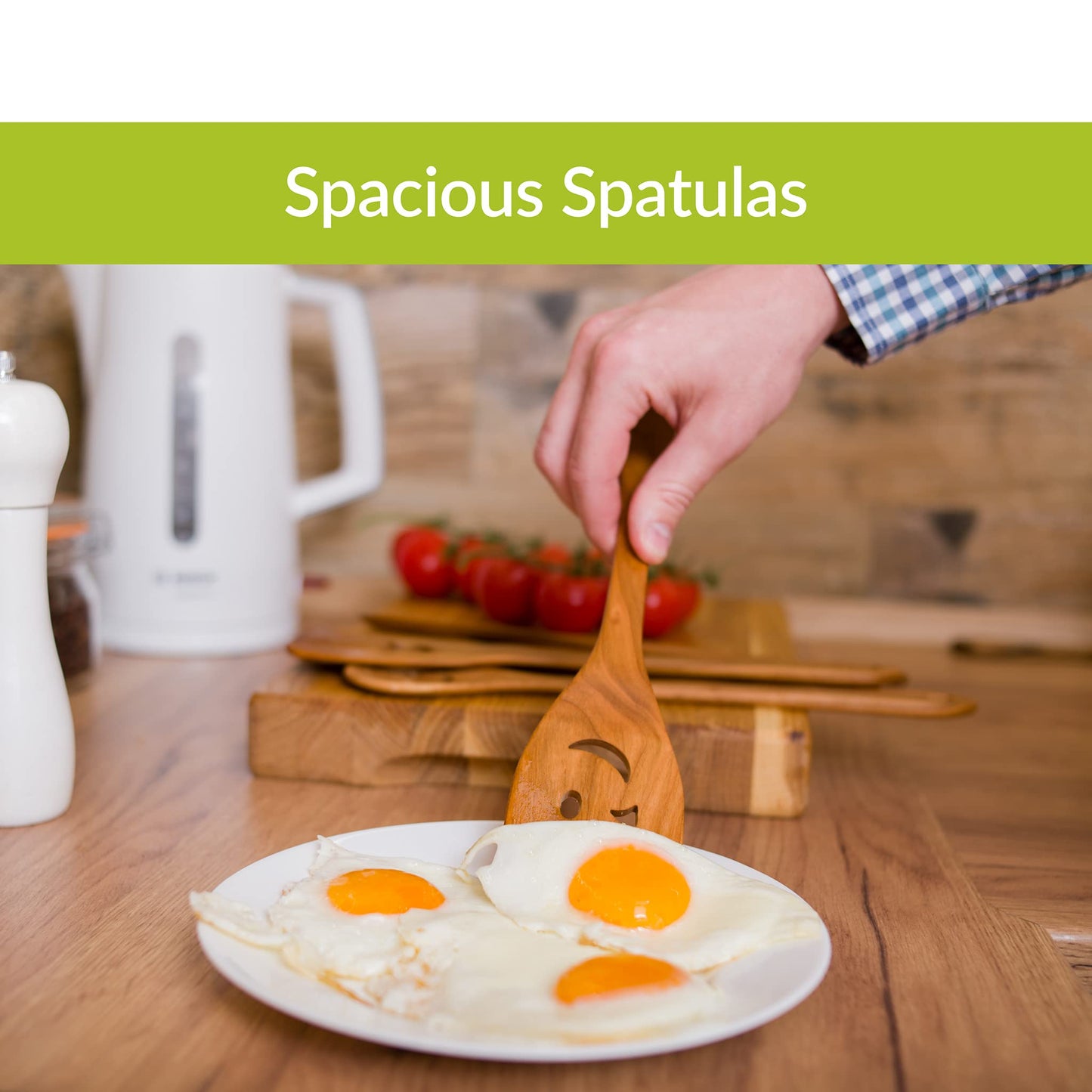 MFC 5-Piece Wooden Cooking Spoons - Kitchen Spatula Set from Natural Cherry Wood - Wooden Spoons for Cooking - Funny Utensil Set with Smiley Faces - Cooking Multipurpose Wood Utensils