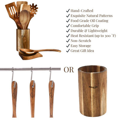NAZANIN 9-Piece Natural Acacia Wood Kitchen Utensil Set with Holder & Spoon Rest, Wooden Spoon Set for Nonstick Pans & Cookware, Durable, Lightweight, Heat Resistant, & Non-Scratch Cooking Spoons