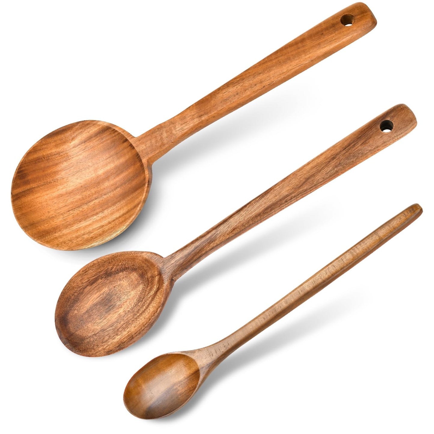 Lainballow 3 Pcs Olive Wood Cooking Spoon Set, Wooden Spoons, Long Handle Wooden Cooking Utensil, Large Wooden Utensils for Cooking Serving Mixing Stirring(12 in, 12 in, 11.2 in)