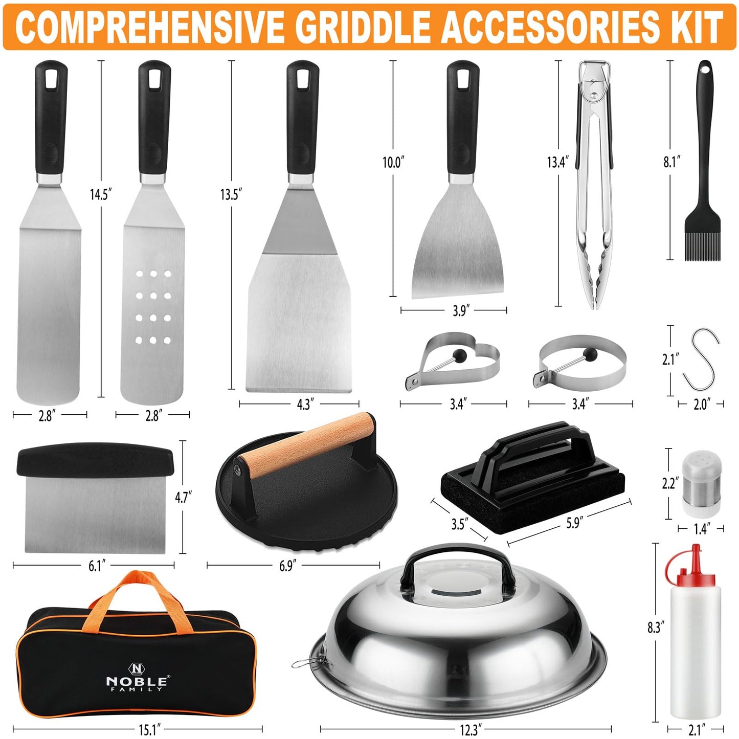N NOBLE FAMILY 27 PCS Griddle Accessories Kit, Flat Top Grill Accessories Set for Camping, Professional Grill Spatula Set with Melting Dome, Burger Press for Outdoor BBQ Cooking