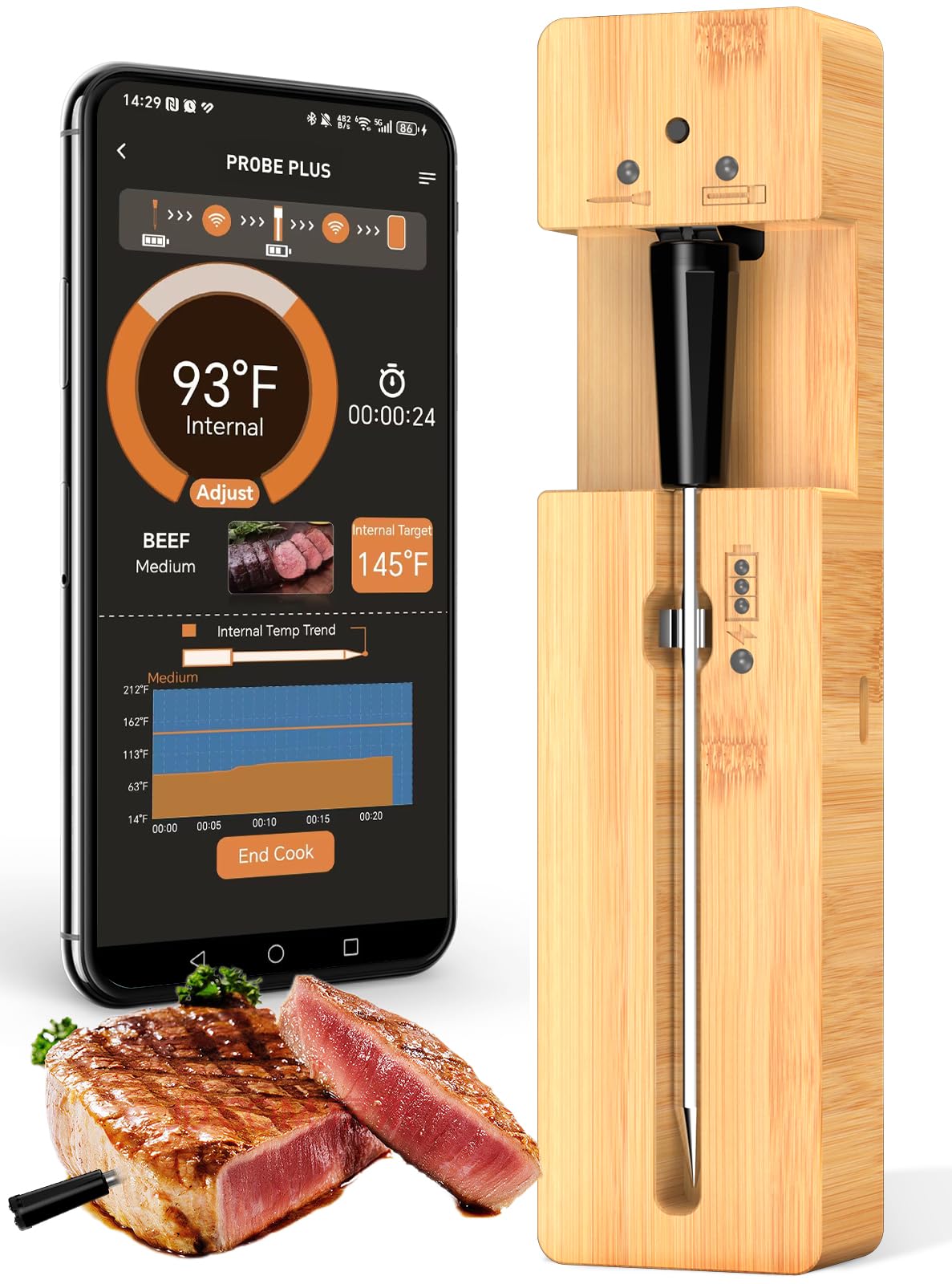Real-Time Alerts Wireless Meat Thermometer - Smart Bluetooth Probe for BBQ, Grill, Oven, Smoker - Long Range Bluetooth, Accuracy Temp, Dishwasher Clean, Waterproof - Perfect for BBQ Lovers & Chefs