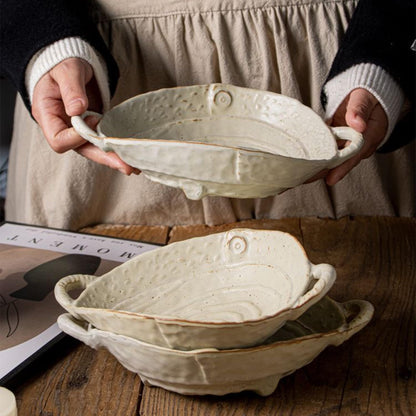 Amitofo Free-Form Edge Ceramic Bowl with Handles, Retro Distressed Style Glazed for Fruit Bowl,Salad Bowl,Table Centerpiece Decor