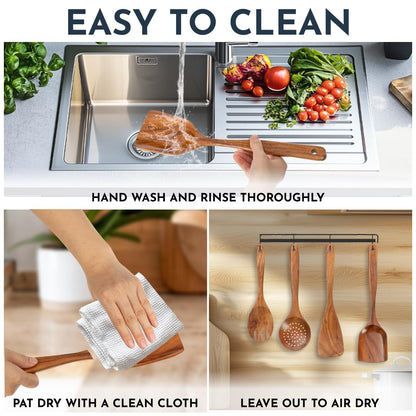 Teak Wooden Utensil Set 6-Piece - Smooth Finish Wooden Spoons for Cooking - Comfortable Grip, Non Scratch Premium Kitchen Wooden Cooking Utensils Set Teak Wood Cooking Utensils