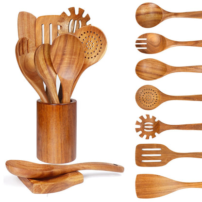 Wooden Spoons for Cooking 9 Pieces - Kitchen Wooden Cooking Utensils Set - Smooth Teak Utensils with Comfort Grip, Wood Spatula and Spoons Perfect for Cooking, Non-Stick Cookware