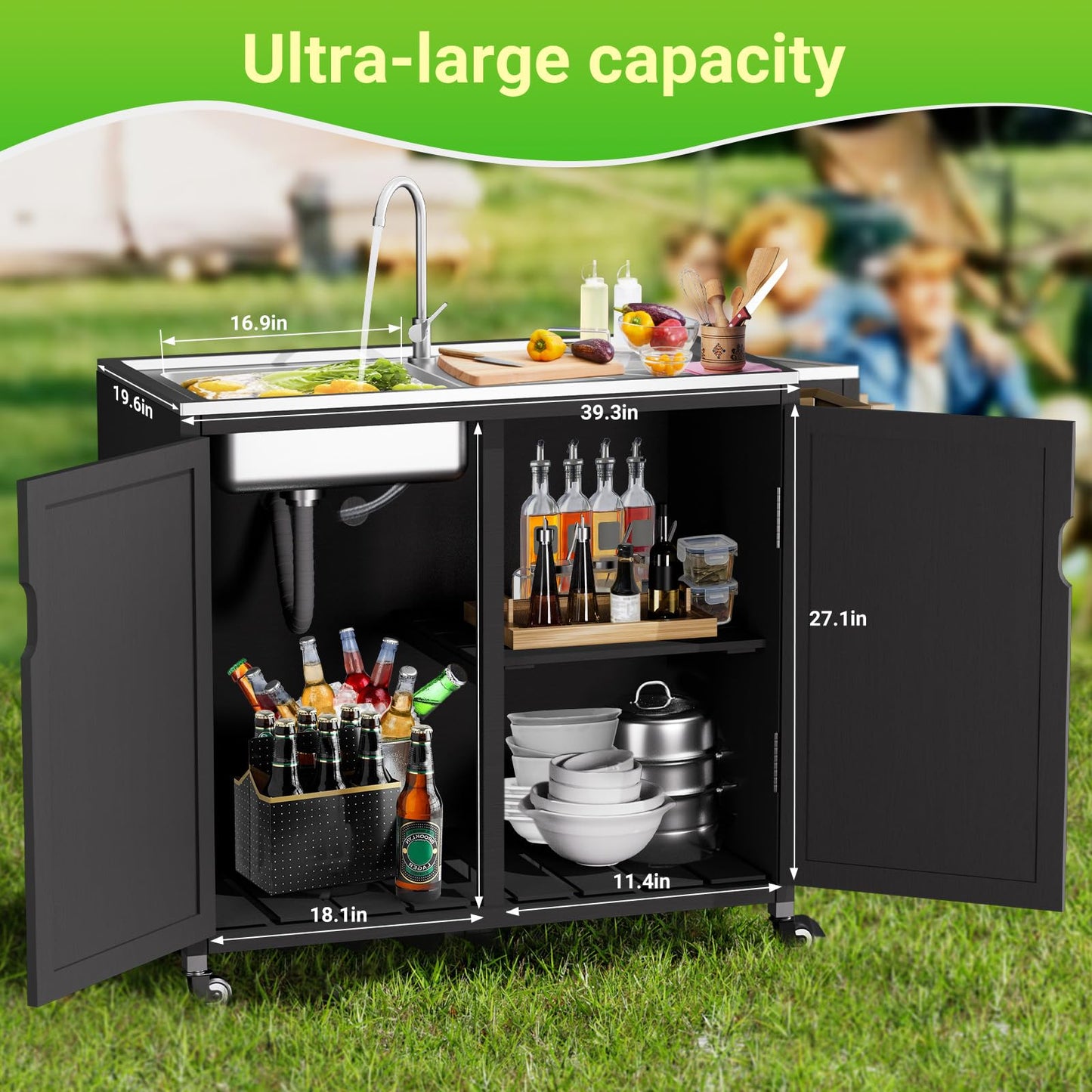 Outdoor Grill Table Kitchen Island with 304 Stainless Steel Top | Rolling Cart with Bar Sink, Faucet & Storage Cabinets | Solid Wood Mobile Prep Station for Pizza Oven & BBQ Accessories (L32.6“xW39”)