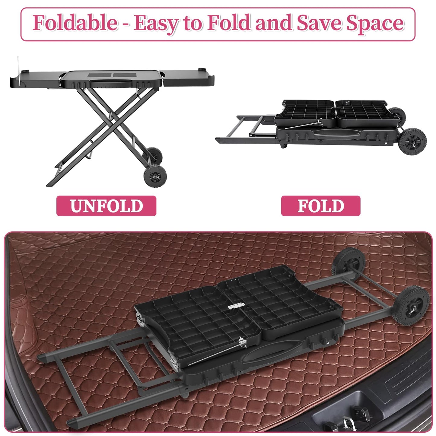 Portable Grill Cart for Ninja Woodfire OG700 OG800 OG900, Blackstone Griddle, for Weber Q100 Q200 Q300, Pizza Oven, Collapsible Grill Stand for Most Portable Grills, Large Surface Grill Trolley