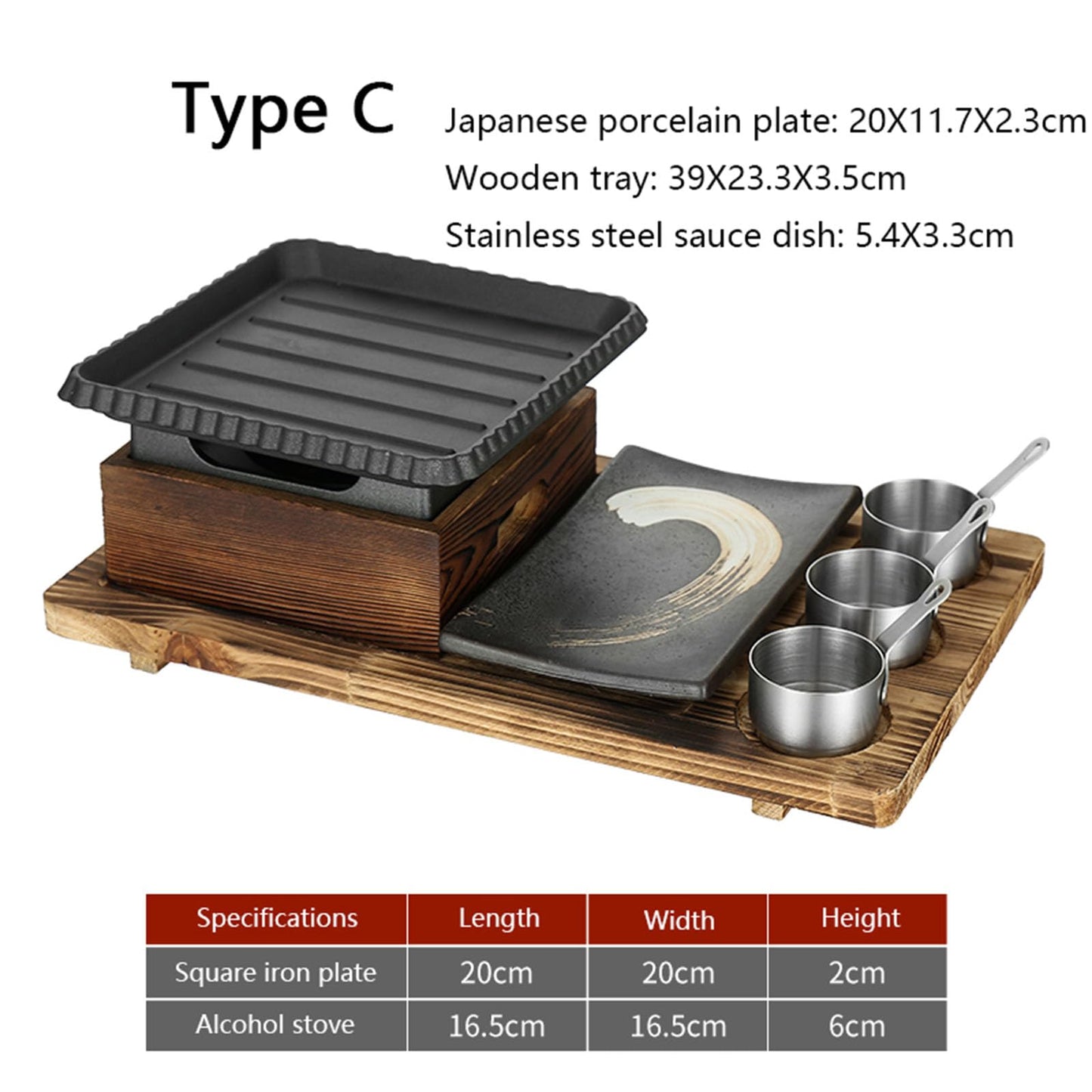 UGCER Japanese BBQ Grill Set, Portable Charcoal Stove with Wooden Base for Yakiniku, Robata, Yakitori, Takoyaki, Camping,C