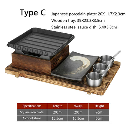 UGCER Japanese BBQ Grill Set, Portable Charcoal Stove with Wooden Base for Yakiniku, Robata, Yakitori, Takoyaki, Camping,C