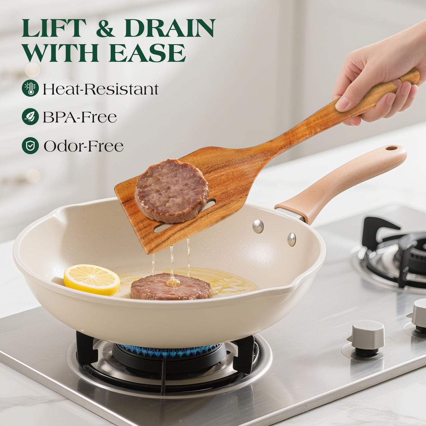 Bkiok Wooden Slotted Spatula for Cooking, Handmade Teak Wood Flat Frying Spatula Turner for Nonstick Cookware