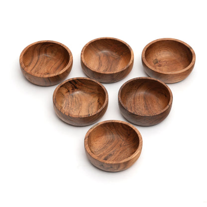 WEBHUSHI Acacia Wood Bowls: Handcrafted, Rustic, 6 Bowls of 3.75-inch, 0.25 liters Capacity Each