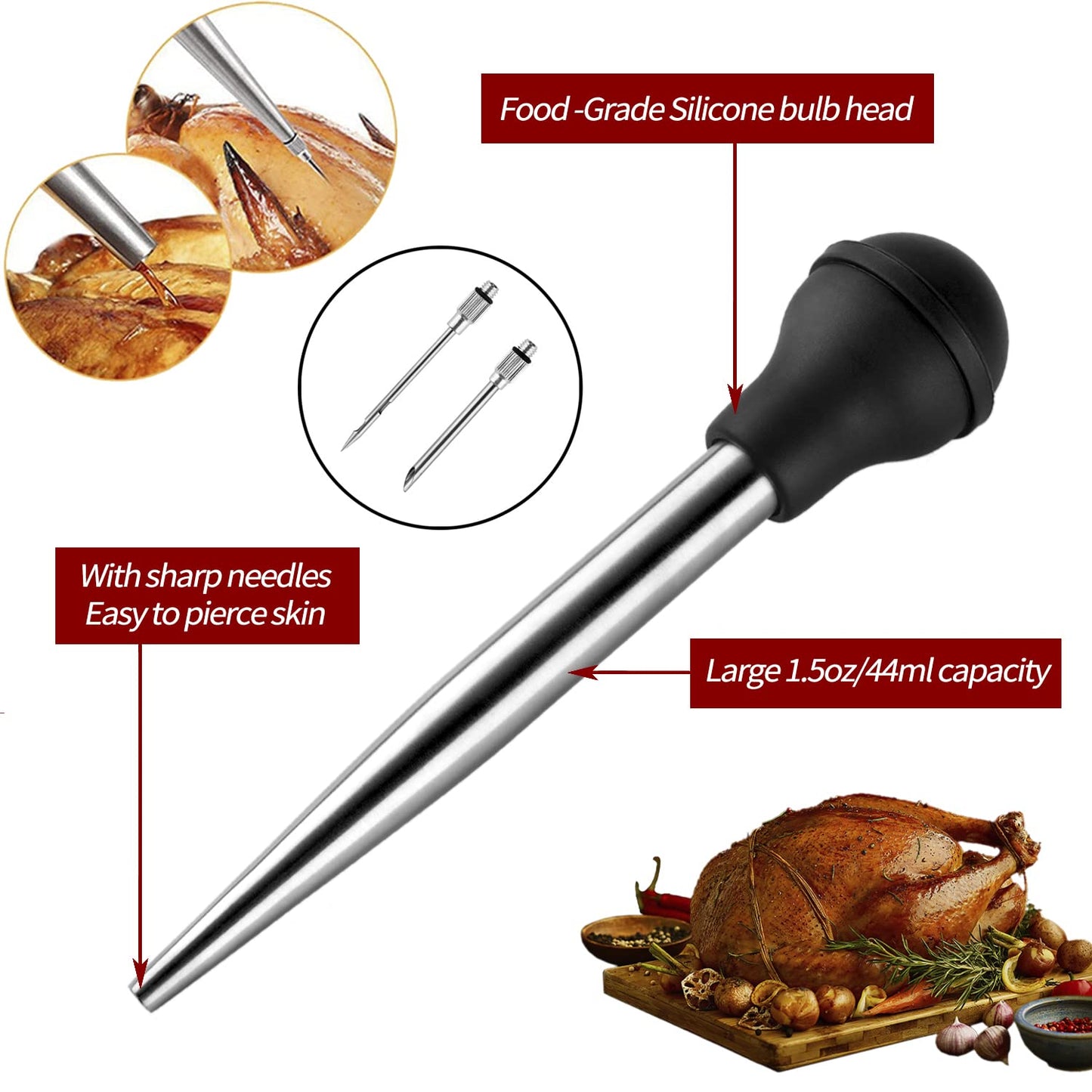 JY COOKMENT Stainless Steel Turkey Baster Baster Syringe for Cooking Meat Injector Set with 2 Marinade Needles 1 Cleaning Brush for Home Baking Kitchen Tool