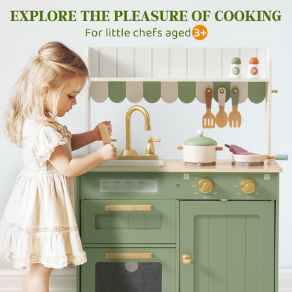 ROBUD Wooden Play Kitchen Set for Kids, Pretend Play Kitchen Toy Set with Golden Faucet, Sink, Oven, Stove, Cabinet, Vintage Style, Gift for Boys & Girls Ages 3+ (Green)
