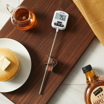 Taylor Programmable Digital Candy and Deep Fry Thermometer with Green Light Alert Display, Long Stem, and Adjustable Pan Clip, White