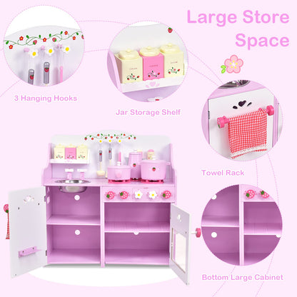 Costzon Kids Kitchen Playset, Wooden Pink Strawberry Themed Pretend Toy Set with 13-Pieces Cookware, Realistic Sound, Pot, Pan, Sink, Oven, Kitchen Set Gift for Toddlers, Girls