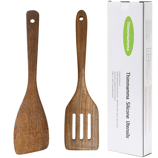 Wooden Spatula Nonstick Turner Acacia Wood, 12" Long Handle Flat Frying Spatulas Handmade for Kitchen Gifts, Ideal Cookware Utensils for Cooking Eggs, Fish, Pancakes, 2 Pack