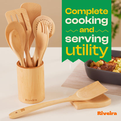 Riveira Maple Wooden Spoons for Cooking Set of 9 – Natural Maple Wooden Cooking Utensils, Wooden Spatula, Wooden Spoon - Premium Quality Wooden Utensil Set for Non-Toxic Cooking