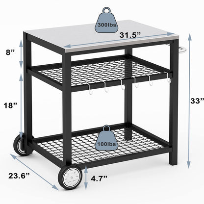 WEASHUME Stainless Steel Grill Cart Pizza Oven Stand Trolley Table with Wheels Pizza Cart Three-Shelf Movable Food Prep Work Dining Table with Double-Shelf Heavy Duty Outdoor 31.5" x 24 x 33.5