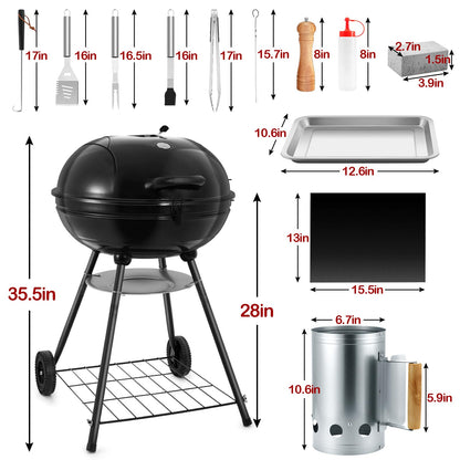 22-inch Charcoal Kettle Grill Set of 31, HaSteeL 2 Layer Grilling Racks Outdoor BBQ Grill, Heavy Duty Large Enameled Grills with Grilling Accessories for Camping Backyard Picnic, Barbecue Spatula