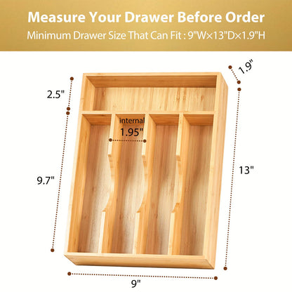Umilife Bamboo Kitchen Drawer Organizer, 9 Inch Silverware Utensils Tray Holder for Small Drawer, Wood Caddy for Flatware Cutlery Knives