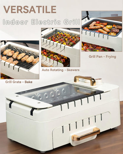 XHJ Indoor BBQ Kabob Skewers Grill,Smokeless Auto 360° Rotating Electric Barbecue Skewers Rotisserie,3 In 1 Indoor Electric Tabletop Grill with Removable Lid,Dual Zone Cooking