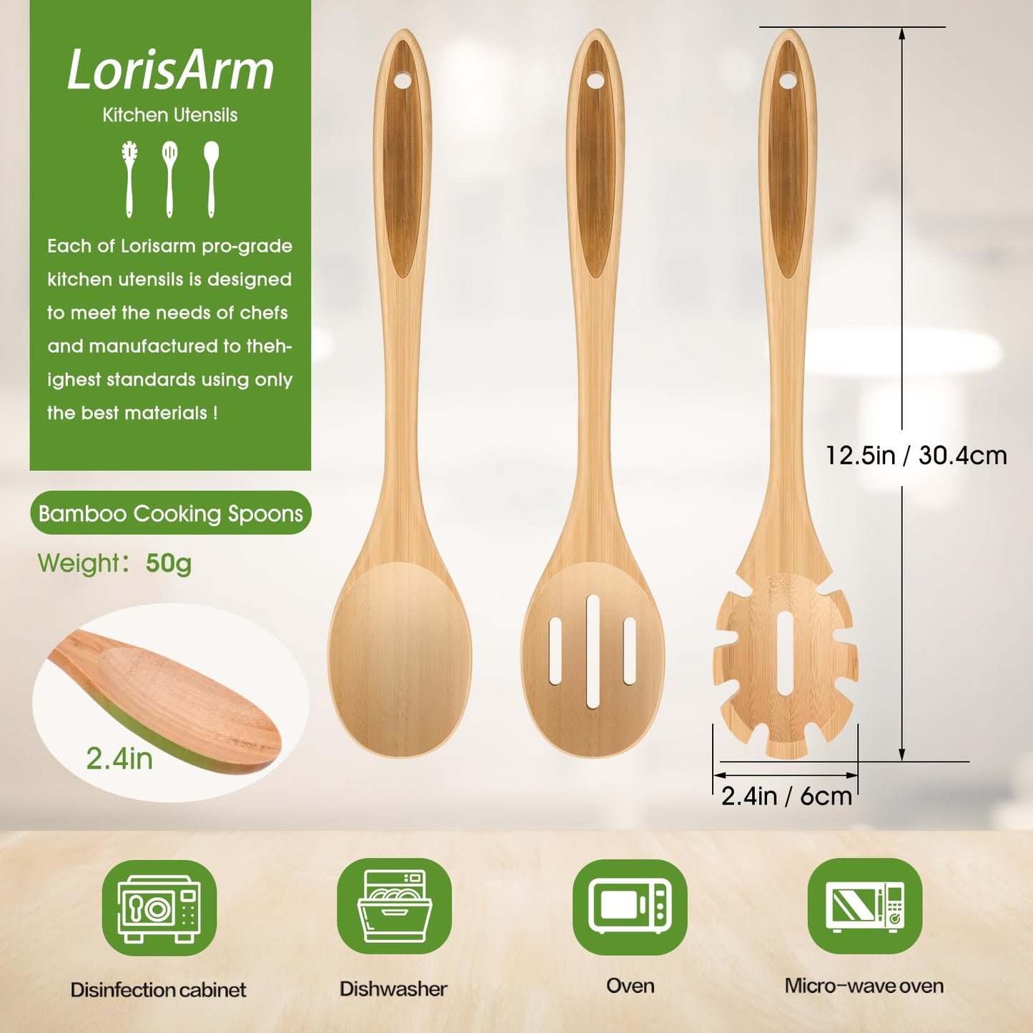 LorisArm Slotted Cooking Spoon, 12.5" Large Bamboo Serving Spoons for Mixing Stirring draining, Wood Slotted Spoon for Nonstick Kitchen Utensils Tableware Wooden Scoop Spoon.