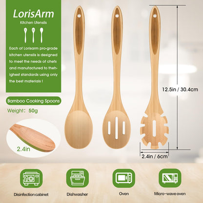LorisArm Slotted Cooking Spoon, 12.5" Large Bamboo Serving Spoons for Mixing Stirring draining, Wood Slotted Spoon for Nonstick Kitchen Utensils Tableware Wooden Scoop Spoon.