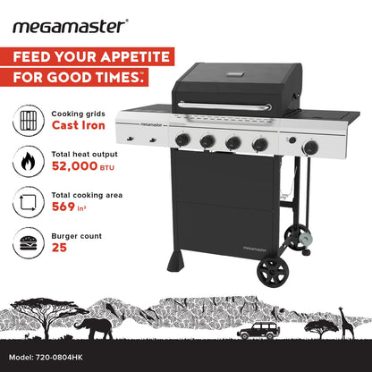 Megamaster 4-Burner Gas Grill with Side Burner & Grill Cover, 52,000 BTUs, 568 SQ. In. Cooking Area, Propane BBQ Grill with Stainless Steel Panel for Outdoor Cooking, Patios, and More - 720-0804HK
